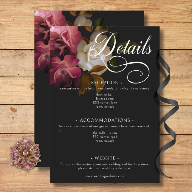 Carte D'accompagnement Dark Moody Bourgogne & Cream Peonies Black Détails (Dark Moody Burgundy & Cream Peonies Black Details Enclosure Card)