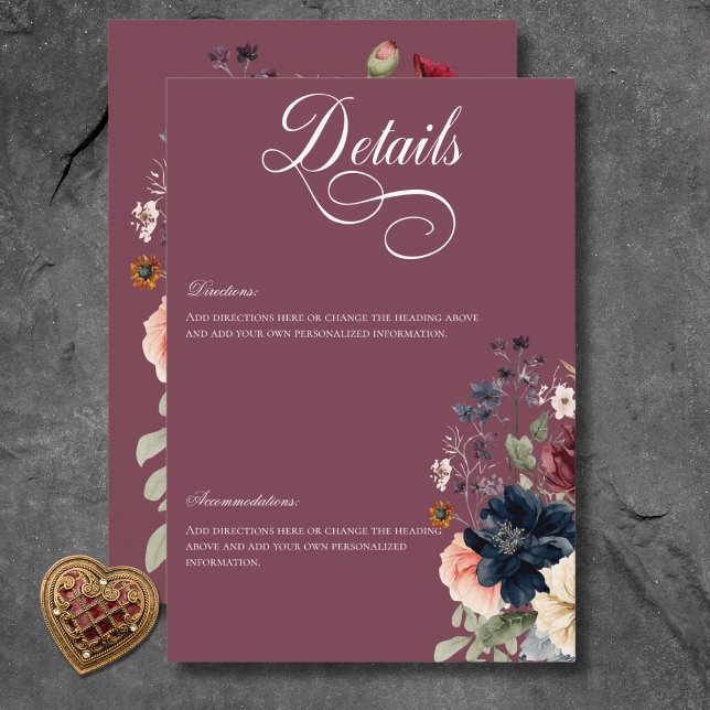 Carte D'accompagnement Dark Moody Bourgogne Oval Détails du cadre floral (Dark Moody Burgundy Oval Floral Frame Details Enclosure Card)