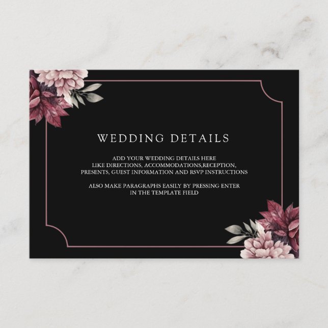 Carte D'accompagnement Dark Moody Floral Frame Black Wedding Details (Devant)
