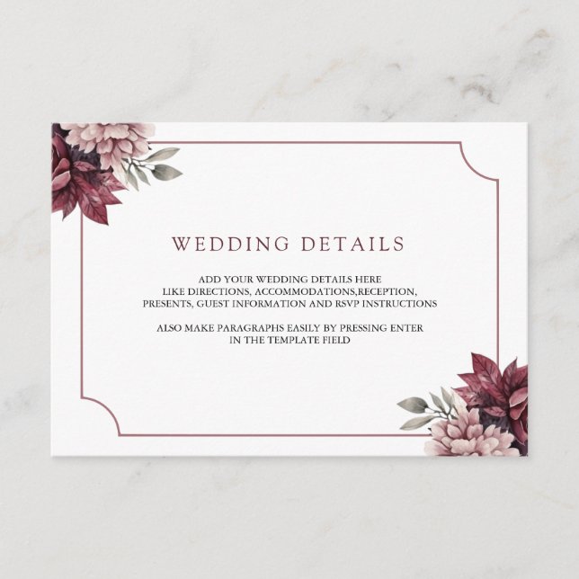 Carte D'accompagnement Dark Moody Floral Frame Wedding Details (Devant)