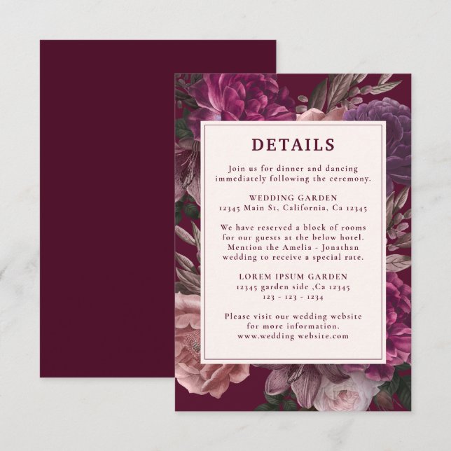 Carte D'accompagnement Dark Moody Winter Burgundy & Maroon Floral Mariage (Devant / Derrière)