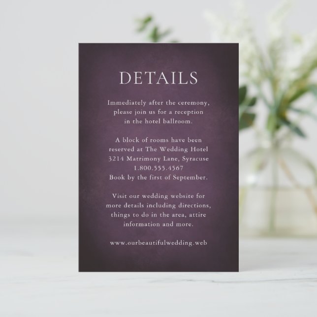 Carte D'accompagnement Dark Purple Fine Art Floral Elegant Wedding (Debout devant)