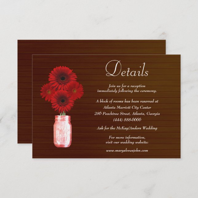 Carte D'accompagnement Dark Rustic Red Floral Mason Jar Détails du Mariag (Devant / Derrière)