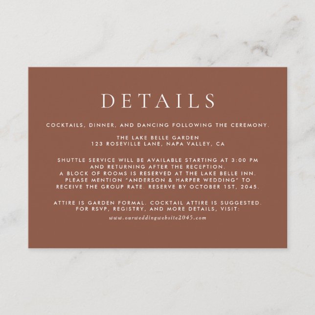 Carte D'accompagnement Dark Terracotta Classic Typography Détails du Mari (Devant)