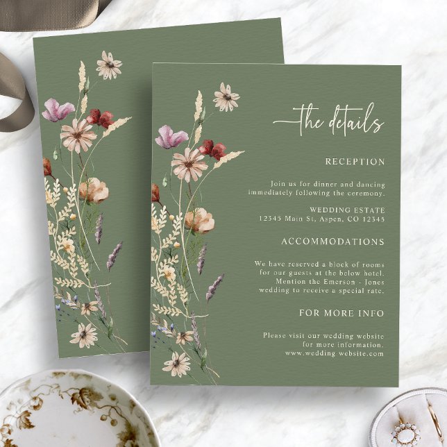 Carte d'accompagnement de mariage aux fleurs sauva (Sage Green Boho Wildflowers The Details Wedding Enclosure Card by Painted Paperie)
