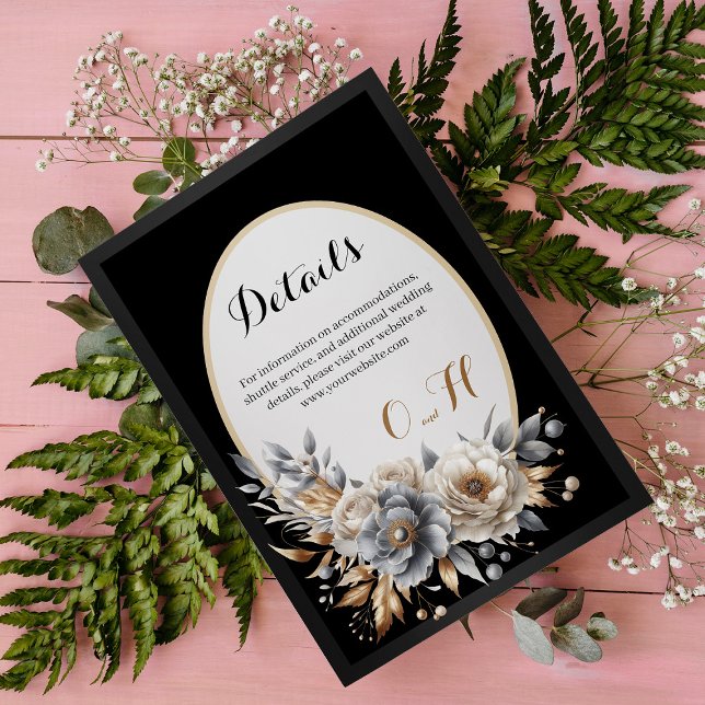 Carte d'accompagnement de mariage florale noire et (Elegant Black Gold Floral Wedding Enclosure Card)