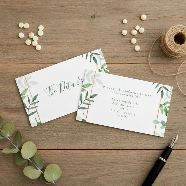 Carte d'accompagnement de mariage "les détails" au (Green leaves "the details" wedding enclosure card.)