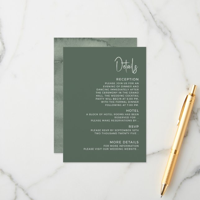 Carte d'accompagnement de mariage moderne Détails. (Devant/Arrière en situation)
