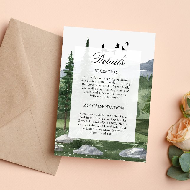 Carte d'accompagnement de mariage sur le thème de  (Pine forest enclosure card shares details with a calm, nature-inspired wedding touch.)