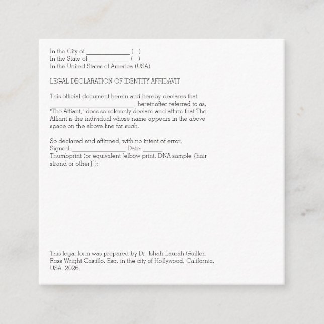 Carte D'accompagnement Déclaration légale d'affidavit d'identification (Devant)