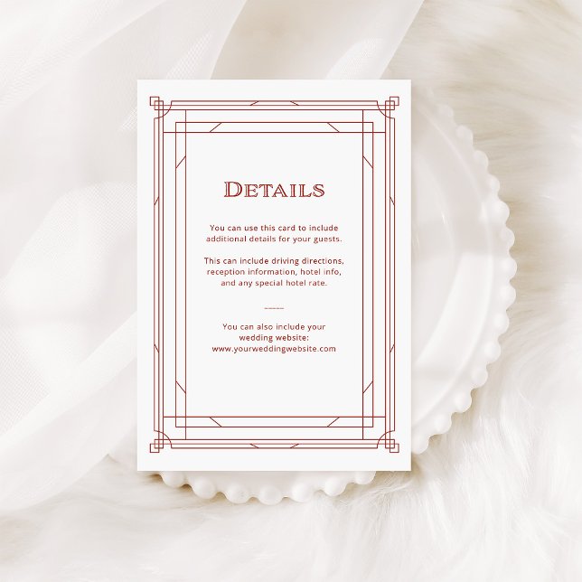 Carte D'accompagnement Déco moderne | Détails de l'invité Mariage rouge e (An elegant, red and white art deco style guest details card for your holiday wedding)