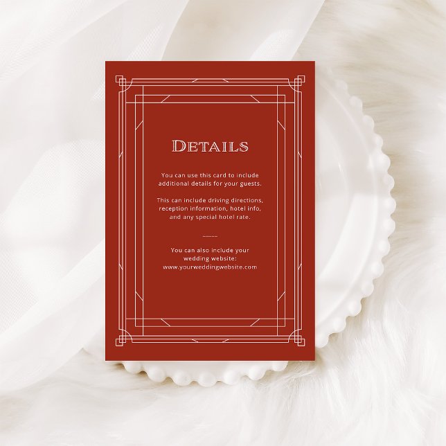 Carte D'accompagnement Déco moderne | Holiday Red Mariage Détails de l'in (An elegant, red art deco style guest details card for your holiday wedding.)