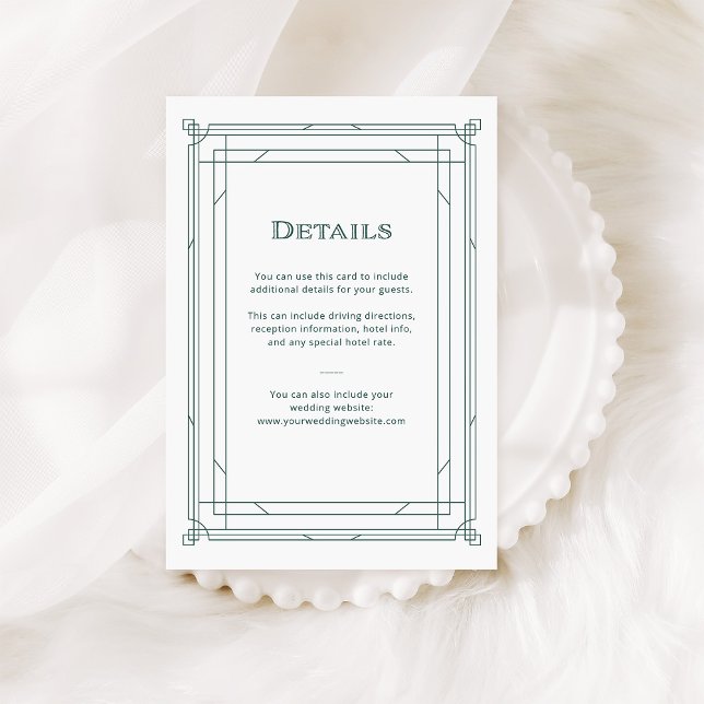 Carte D'accompagnement Déco moderne Vert et Mariage argenté Détails de la (An elegant, green and white art deco style guest details card for your holiday wedding)