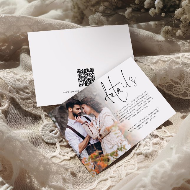 Carte D'accompagnement Découpe photo moderne QR Code Détails Mariage (Front and back view)