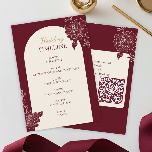 Carte D'accompagnement Deep Burgundy Floral Arch Wedding Timeline Card (Deep Burgundy Floral Line Art with Ivory Arch  Wedding Timeline Card with Barcode)