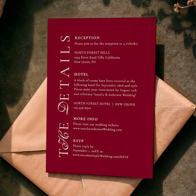 Carte D'accompagnement Deep Burgundy Script Wedding Details (Créateur téléchargé)
