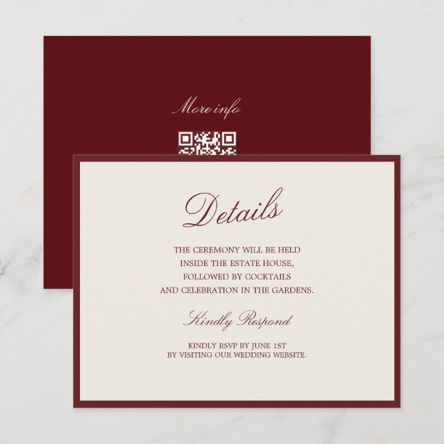Carte D'accompagnement Deep Wine Old Money QR Wedding Details Card (Devant / Derrière)