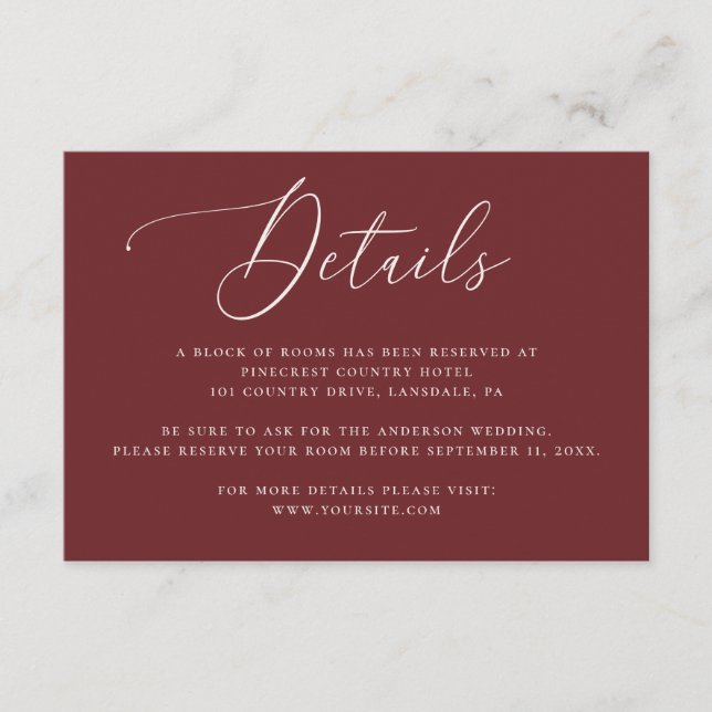 Carte D'accompagnement Deep Wine Red Wedding Details | Accommodation (Devant)
