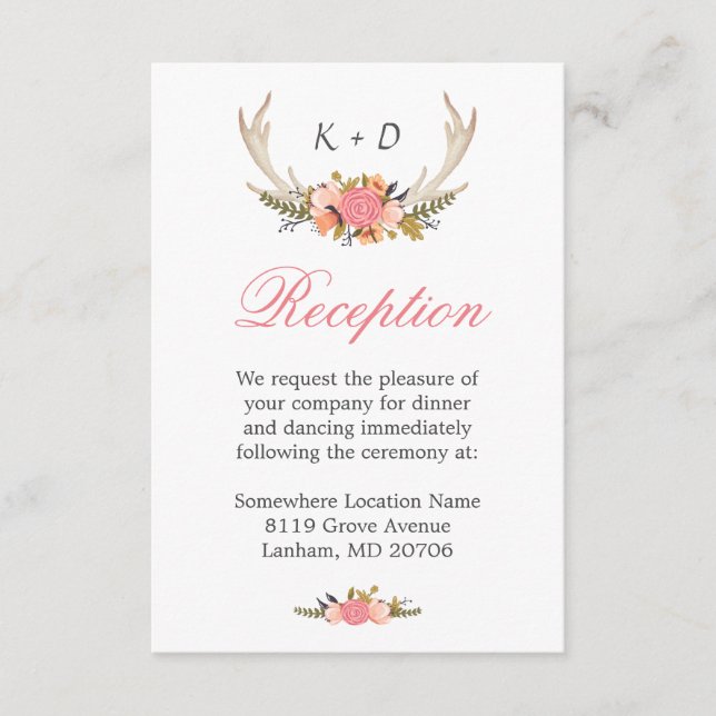 Carte D'accompagnement Deer Antler Floral Wedding Réception Direction (Devant)