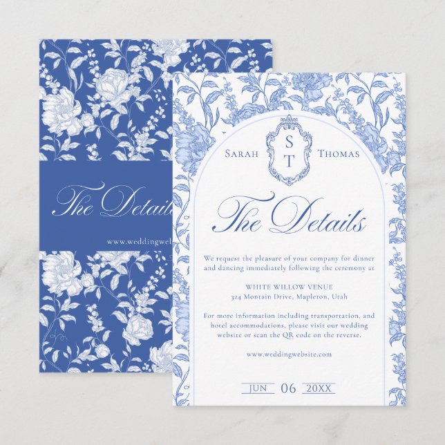 Carte D'accompagnement Delft Blue Floral Chinoiserie Monogram Wedding (Devant / Derrière)