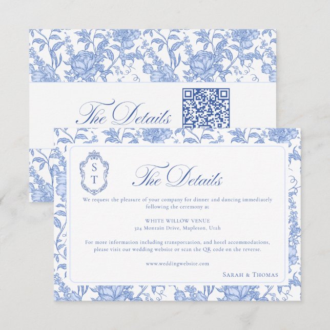 Carte D'accompagnement Delft Blue Floral Chinoiserie Monogram Wedding (Devant / Derrière)