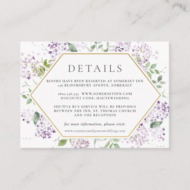 Carte D'accompagnement Delicate Lilac Floral Greenery Détails du Mariage (Devant)