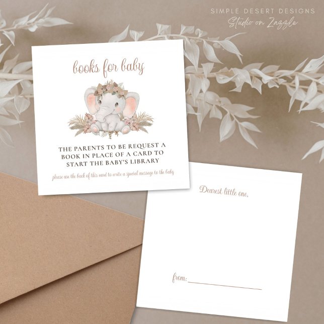 Carte D'accompagnement Demande de Baby shower Boho Elephant (Boho Baby Shower Book Request Enclosure Cards with Unique Design with Book Label Gift Tag on Back)