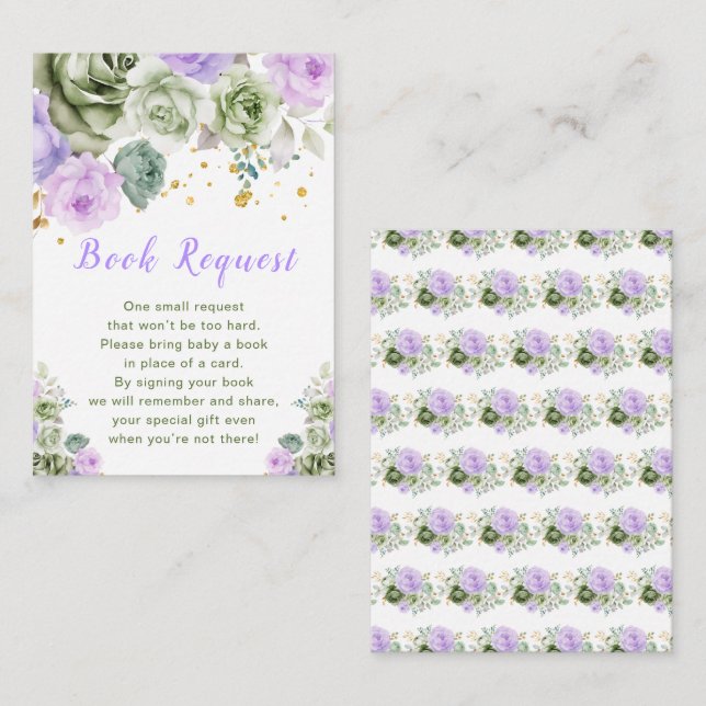 Carte D'accompagnement Demande de Baby shower Floral vert et violet (Devant / Derrière)