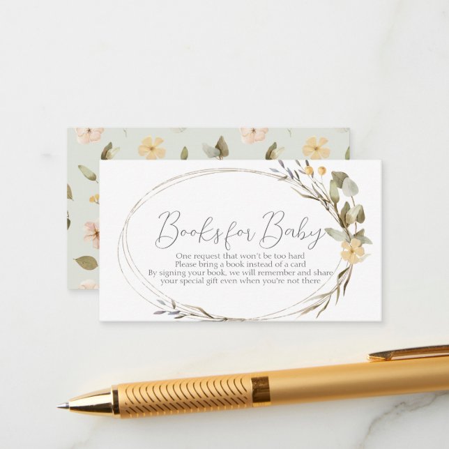 Carte D'accompagnement Demande de Baby shower ovale petit Fleur sauvage (Devant/Arrière en situation)