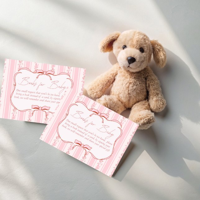 Carte D'accompagnement Demande de carnet de baby showers arc rétro rayure (Pink stripes retro bow baby shower book request enclosure cards books for baby cards)
