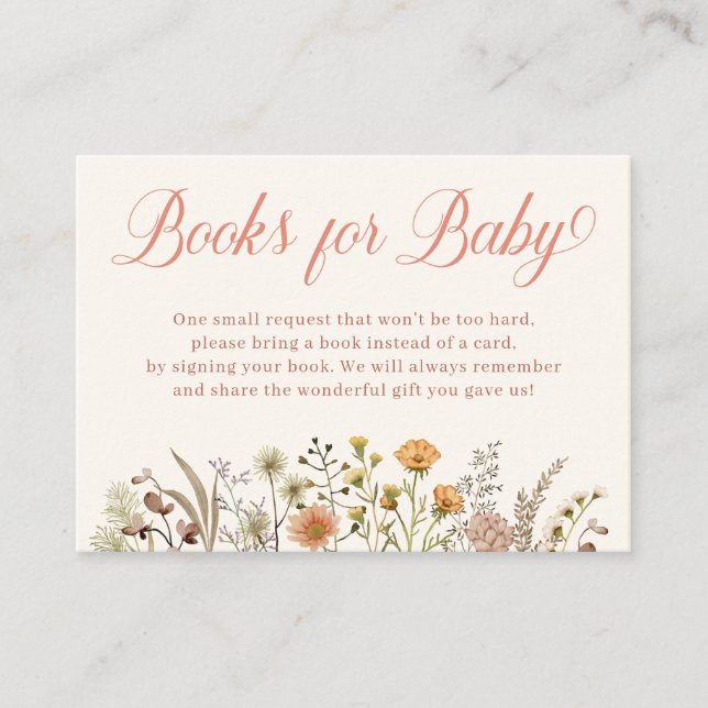 Carte D'accompagnement Demande de livre pour Baby Shower Boho Wildflower (Devant)