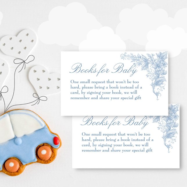 Carte D'accompagnement Demande de livres élégants pour une baby shower da (Elegant dusty blue baby shower books request enclosure card books for baby French toile blue)