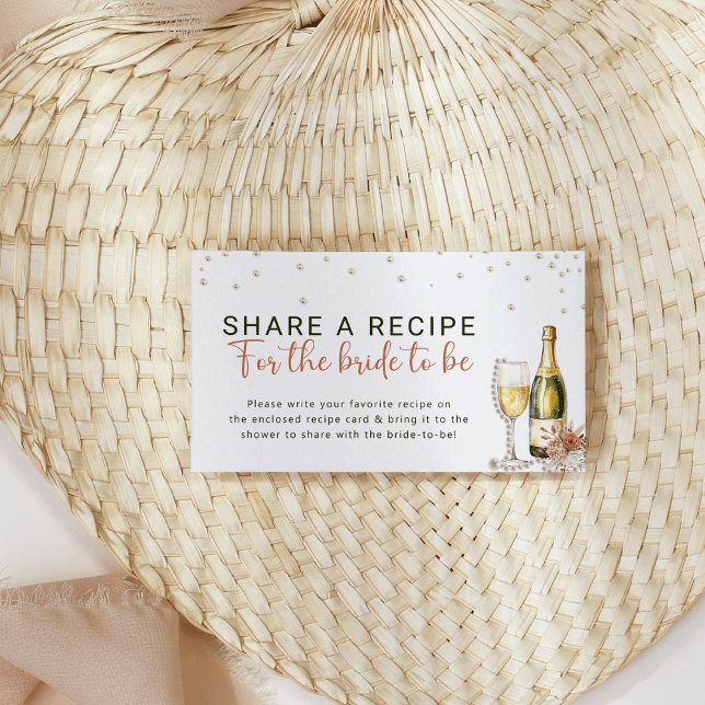 Carte D'accompagnement Demande de recette de fête prénuptiale Perles et P (Elegant Pearls and Prosecco Bridal Shower Recipe Request Enclosure Card)