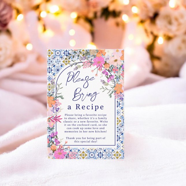 Carte D'accompagnement Demande de recette de mariage sur carreaux floraux (Mediterranean Floral Tile Bridal Recipe Request Enclosure Card)