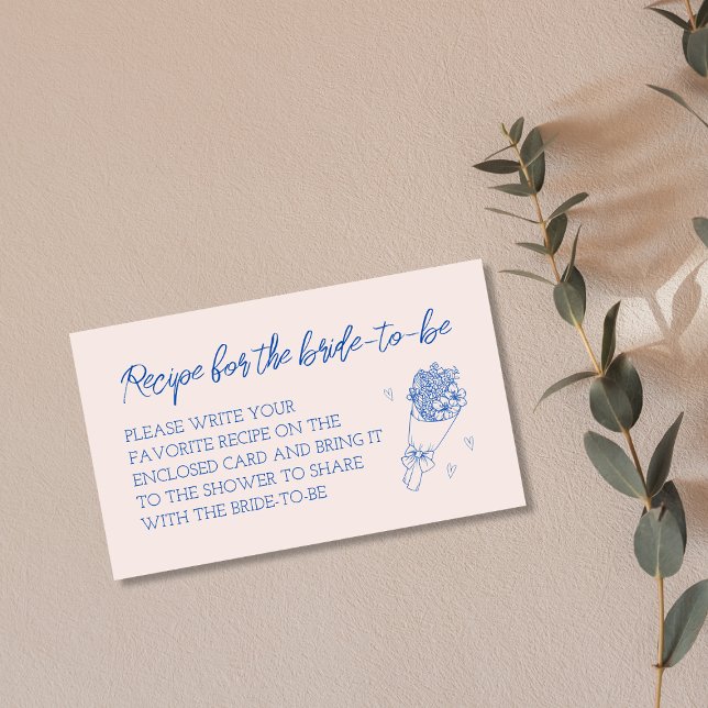 Carte D'accompagnement Demande de recette Fête des mariées Bleue Main Gli (Recipe Request Blue Hand Drawn Bridal Shower Enclosure Card)