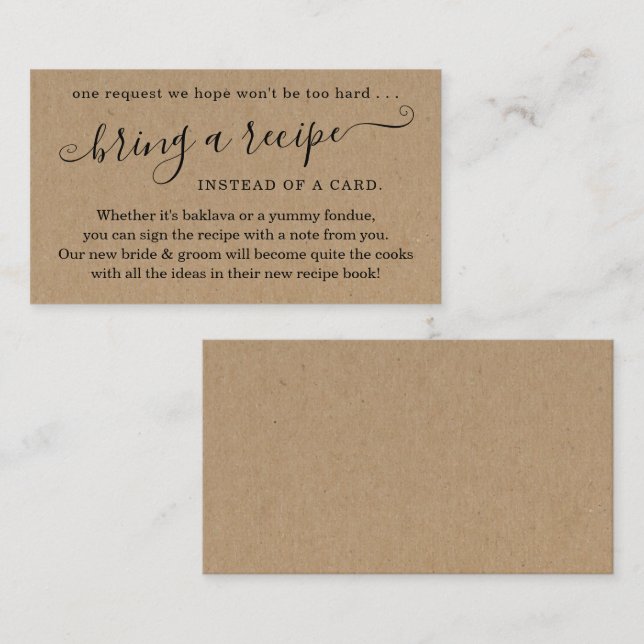 Carte D'accompagnement Demande de recette pour l'invitation à la douche d (Devant / Derrière)