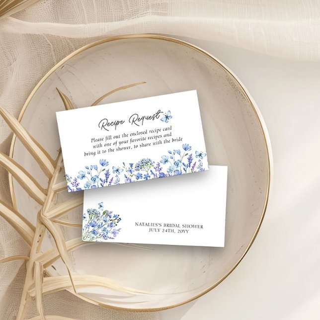 Carte D'accompagnement Demande de recette pour une fête de mariage Blue W (Share a Recipe with the Bride Request Cards Blue Wildflower Bridal Shower Collection)