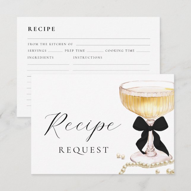 Carte D'accompagnement Demande de recette Ruban noir Perles et Prosecco (Devant / Derrière)