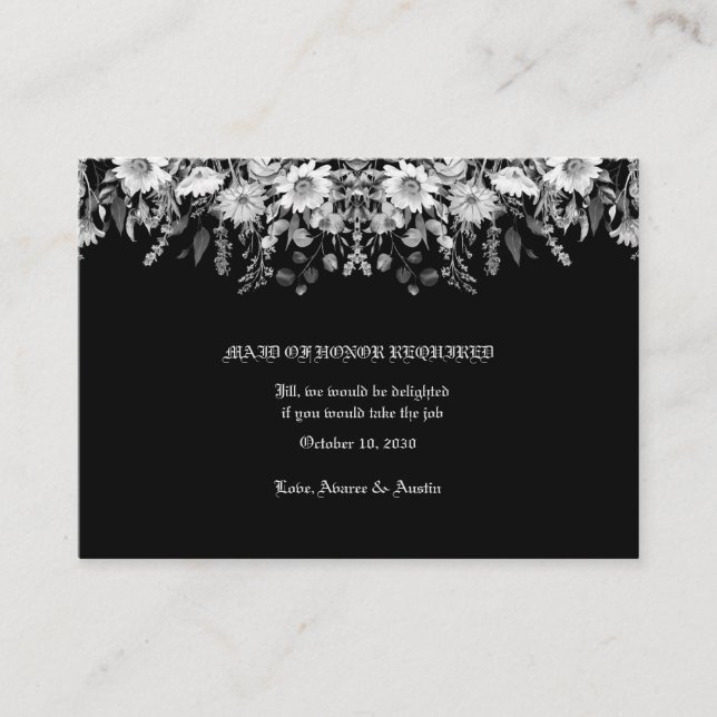 Carte D'accompagnement Demoiselle d'honneur de mariage floral noir et bla (Devant)