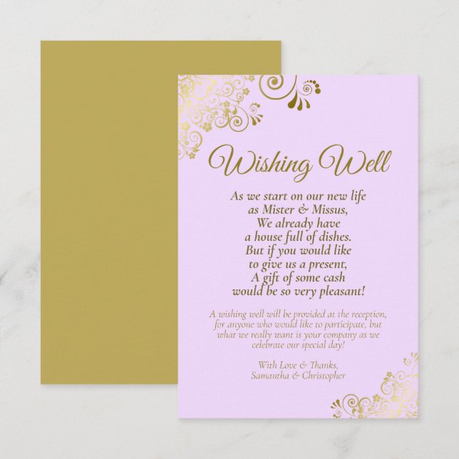 Carte D'accompagnement Dentelle d'or et Lilac Mariage pourpre Wishing poè (Devant / Derrière)