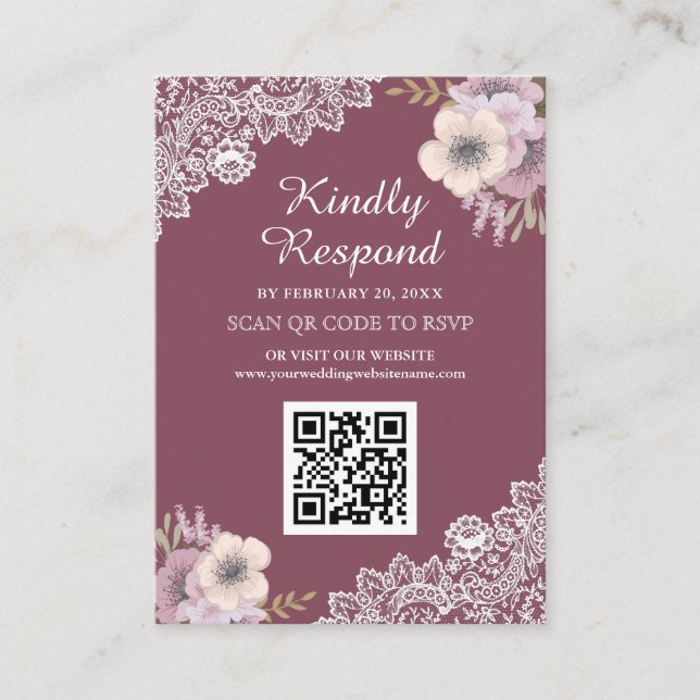 Carte D'accompagnement Dentelle rose florale QR Code RSVP Site Mariage (Devant)