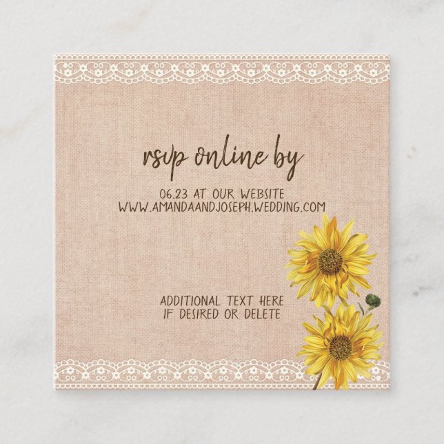 Carte D'accompagnement Dentelle rustique & Burlap Sunflowers Mariage Cart (Devant)