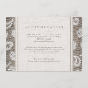 Carte D'accompagnement Dentelles et burlap mariage campagnard hébergement