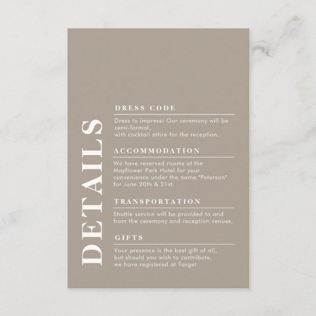 Carte D'accompagnement Design élégant Détails Mariage Taupe Simple (Devant)