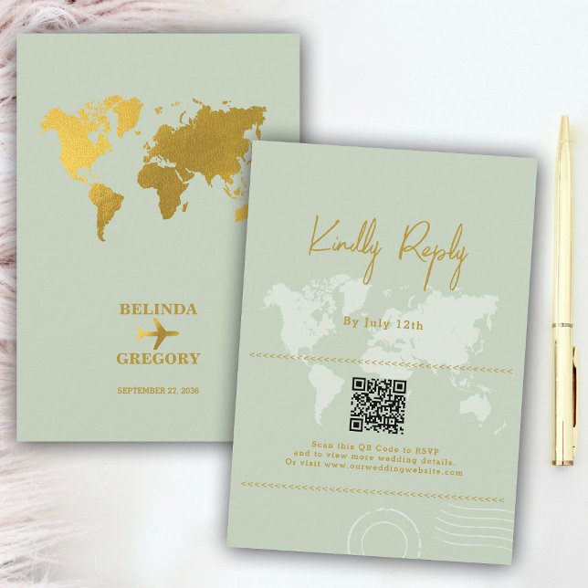 Carte D'accompagnement Destination Mariage Monde Passport Sage Vert Or (Destination Wedding World Passport Sage Green Gold Enclosure Card)