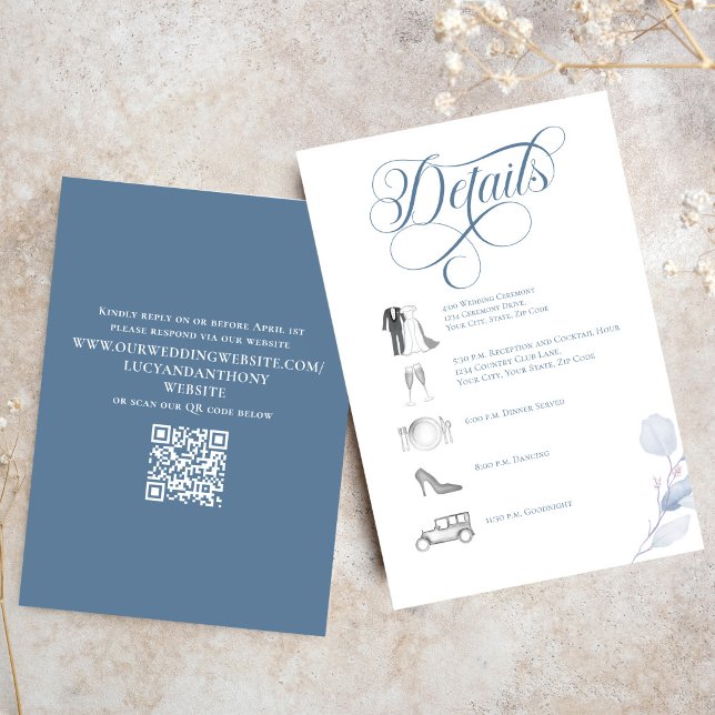 Carte D'accompagnement Détail de mariage avec QR Code en calligraphie ble (Dusty blue calligraphy wedding details card with timeline icons and elegant layout)
