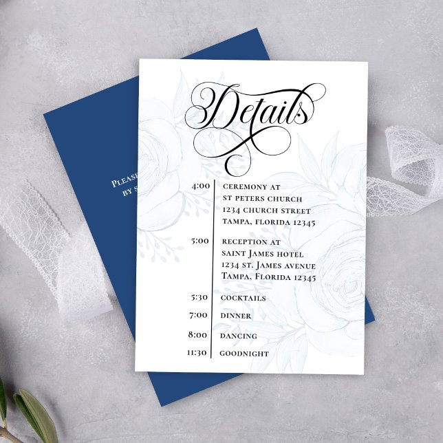 Carte D'accompagnement Détail de mariage avec QR Code en calligraphie ble (Elegant dusty blue floral wedding details card with modern calligraphy and timeline layout)