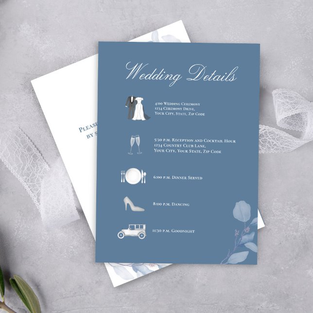 Carte D'accompagnement Détail de mariage bleu poussiéreux Code QR inclus (Dusty blue wedding details card with elegant script and timeline icons for a refined look.)