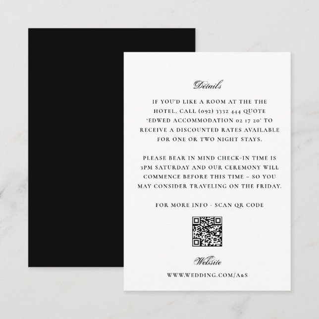 Carte D'accompagnement Détail de mariage Code QR Dos Noir Blanc Élégant (Devant / Derrière)