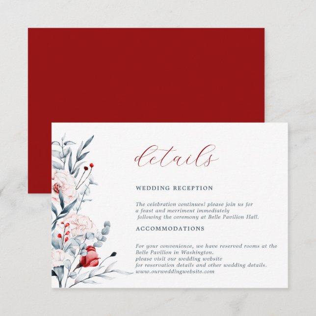 Carte D'accompagnement Détail de mariage floral Fleur rouge et bleue (Devant / Derrière)